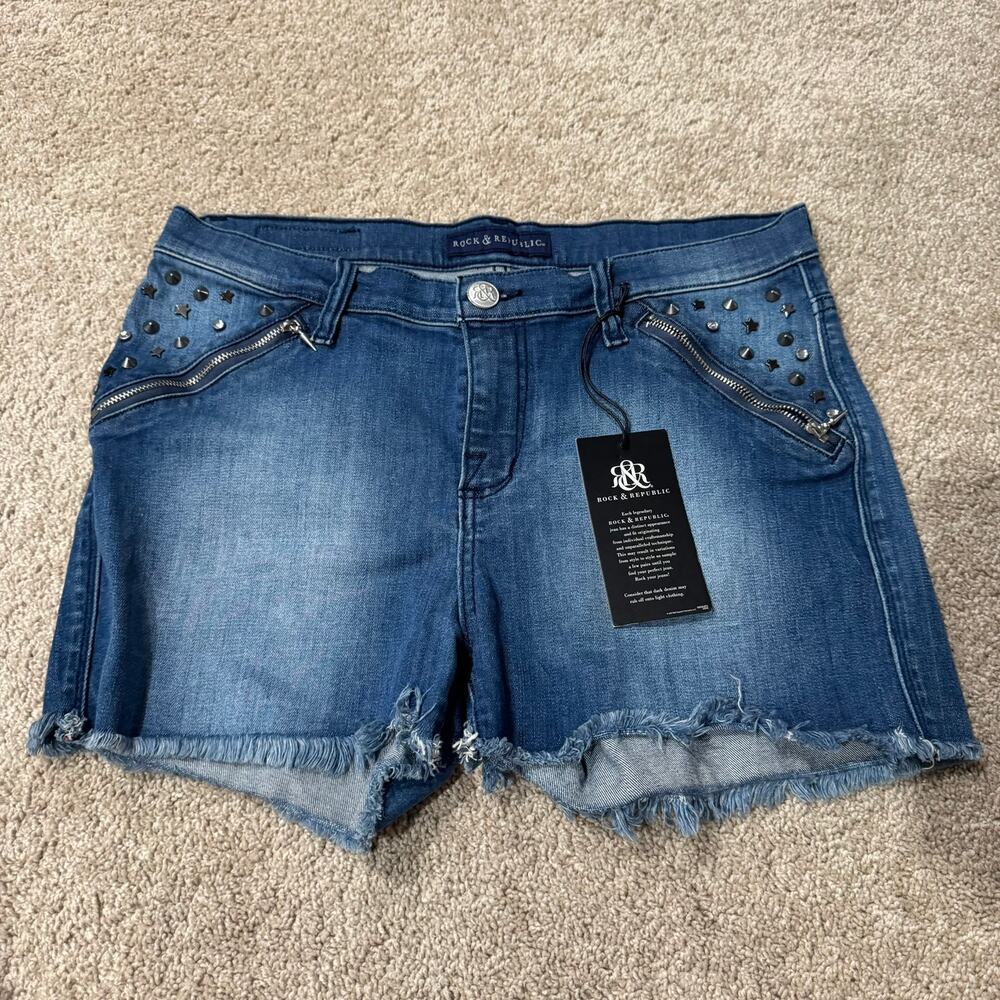 NWT Rock & Republic Pixie Star Studded Pocket Raw Hem Jean Shorts Womens Size 12